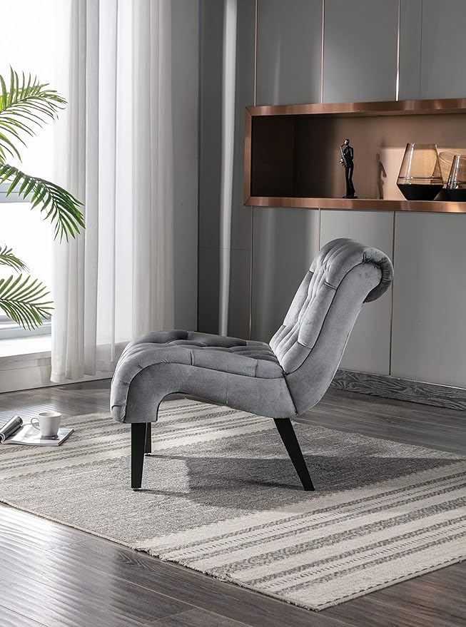 Modern Velvet Armless Accent Living Room Chair Leisure ChairUpholstered Fabric Button Comfortable Chair with Wooden Legs for Bedroom Living Room Office (Silver Velvet)