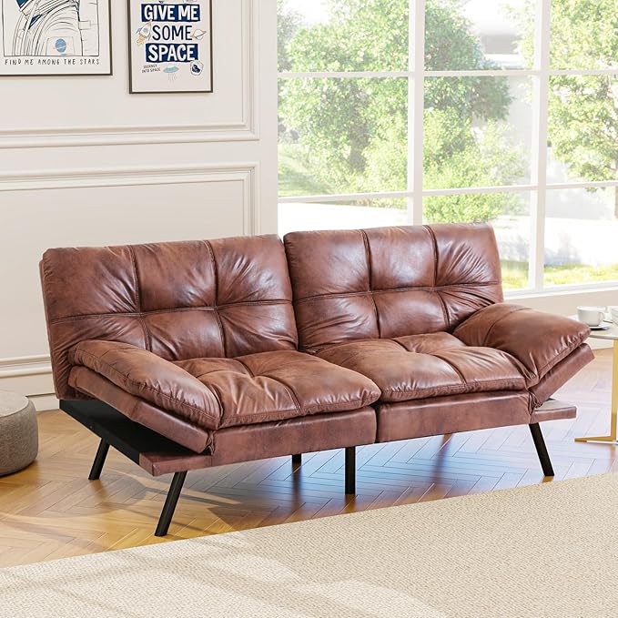 Opoiar Modern Sleeper SofaConvertible Couch BedMemory Foam Adjustable Armrest&ampBackrestFaux Leather Futon Sets for Compact Living SpacesOffice Sofabed Brown-002 SF-PU-002