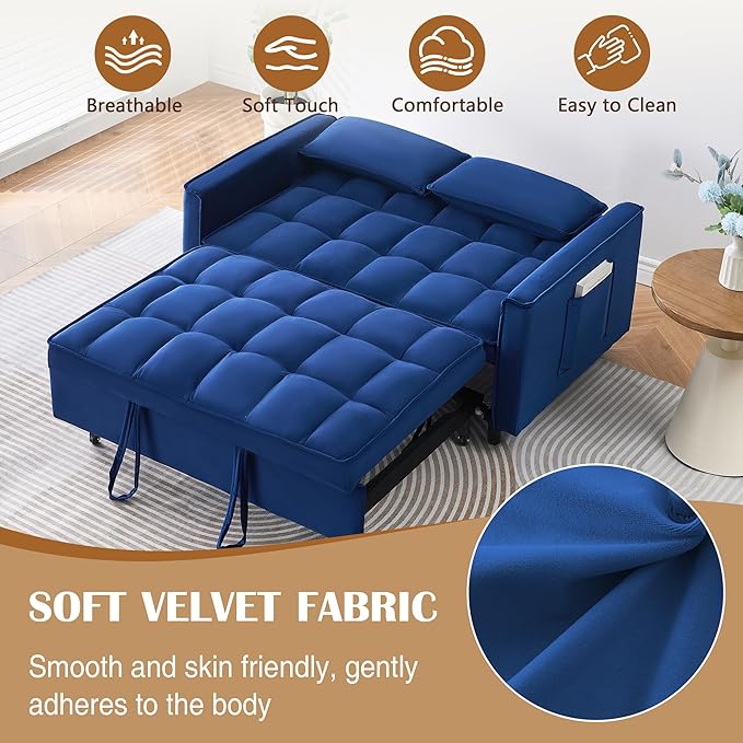 3 in 1 Convertible Sleeper Sofa Bed Modern Velvet Loveseat Pull-Out Couch Futon Love Seat Lounge Sofa with Pull-Out Bed &amp Adjustable Backrest and Side Pocket for Small Apartment Bedroom | Conve