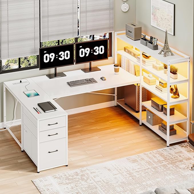 SEDETA L Shaped Office Desk with Drawers 64.5 Reversible Computer Desk with Storage Shelves and Power Outlet Corner Gaming Desk with LED Strip for Home Office White