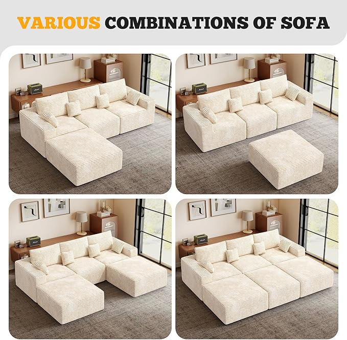 146 Modular Sectional Sofa Convertible U-Shaped Cloud Couches for Living Room with Ottoman 6 Seater Corduroy Boneless Couch Sofa Set No Assembly Required Beige 1 PCS