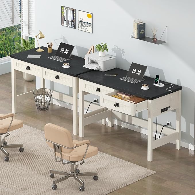 Farmhouse Computer Desk with 2 Drawers 39 Inch Small Office Computer Desk with Power Outlets Compact Writing Study Vanity Desk for Small Spaces Black and White