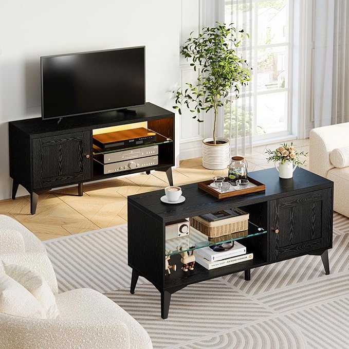 LIKIMIO 2-in-1 TV Stand for 85 Inch TV Black TV Consoles with LED Lights &amp Charging Station Entertainment Center with Storage Cabinets &amp Adjustable Glass Shelves TV Table for Living Room &a