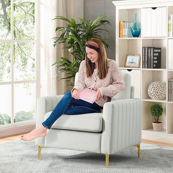 Tufted Velvet Accent Chair with Gold Legs Mid-Century Modern Single Sofa Chair Comfy Upholstered Soft Arm Chair Living Room Furniture Reading Bedroom Club Waiting Room (Beige)