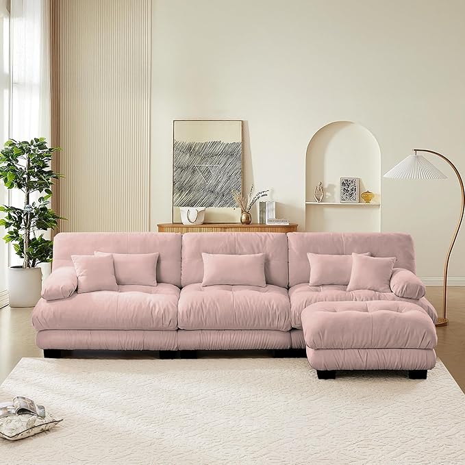 Oversized Cloud Couch Fluffy Sectional Couch for Living Room L Shaped Sofa with Movable Ottoman Chenille Pink