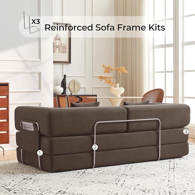 79 Convertible Sofa Bed with Pillows Corduroy Folding Sleeper Sofa with Fixed-Shape Frame Boneless Couch for Living Room Bedroom Floor Sofa Lounge No Assembly Required (Brown)