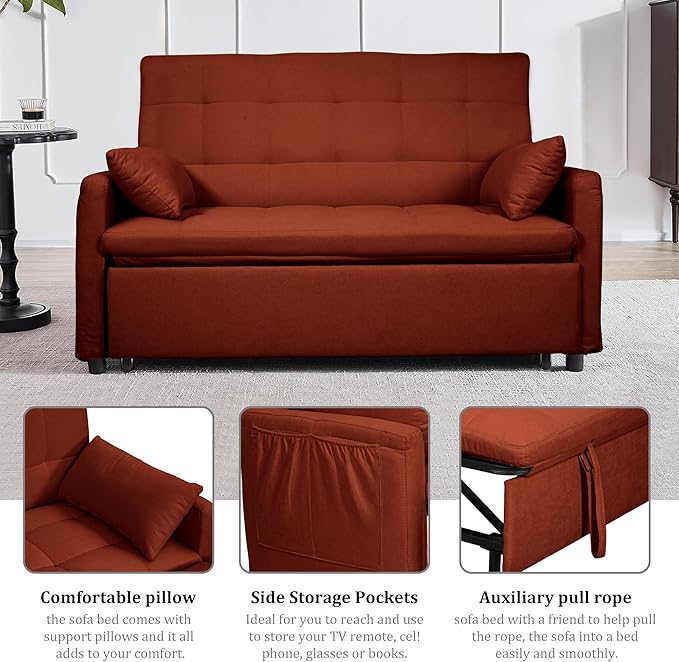 60 Pull Out Sofa Bed Linen Convertible Sleeper Couch Loveseat Chaise Lounge with Side Pockets Red Pullout Futon Sofa Bed for Living Room Bedroom Small Spaces RV (Red)