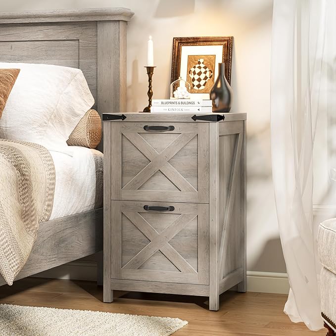 2 Drawer Small File Cabinet Farmhouse Vertical Filing Cabinet Fits Letter and A4 Size Under Desk Wooden File Cabinets for Home Office Printer Stand Grey
