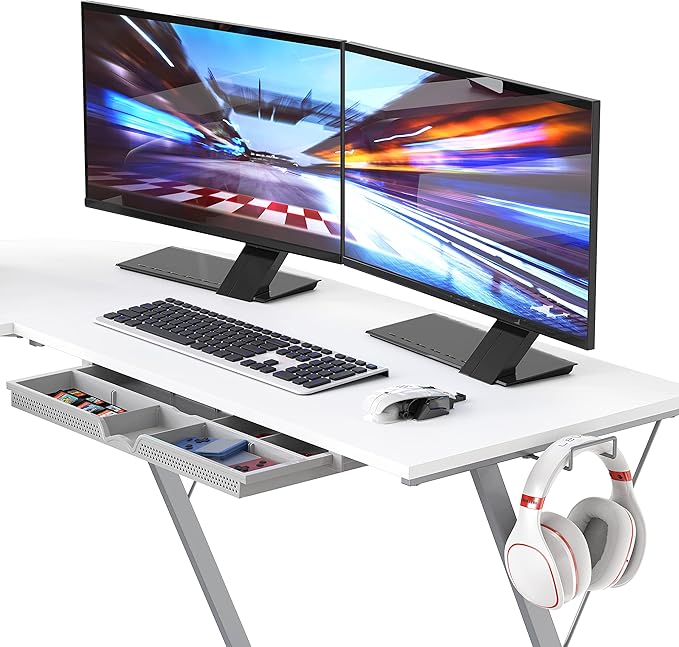 SHW 51 x 51 Inches Vista L-Shaped Desk with Monitor Stand and Drawer White