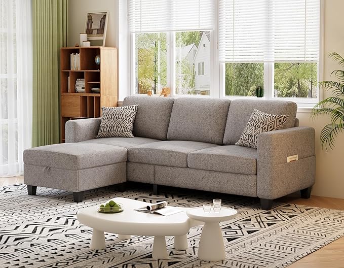 Sectional Sofas Couches for Living Room 3 Seater L Shaped Couch with Storage Ottoman 78 Modern Linen Fabric Brown Sofa for Apartment Studio Office Small Space
