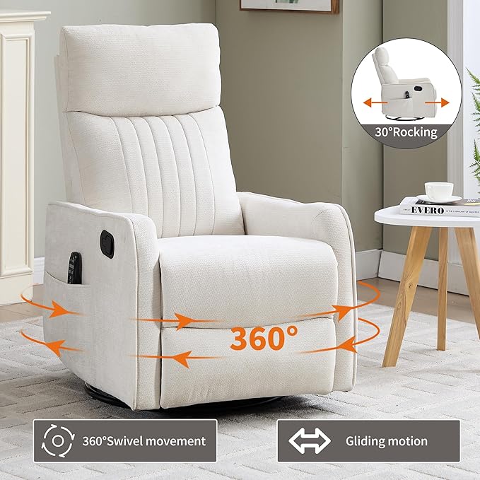 Beige 360° Swivel Rocker Recliner Chair Massage Reclining Chair with 8-Point Vibration &amp Lumbar Heat for Adults Elderly 155° Recline Easy Assembly for Living Room
