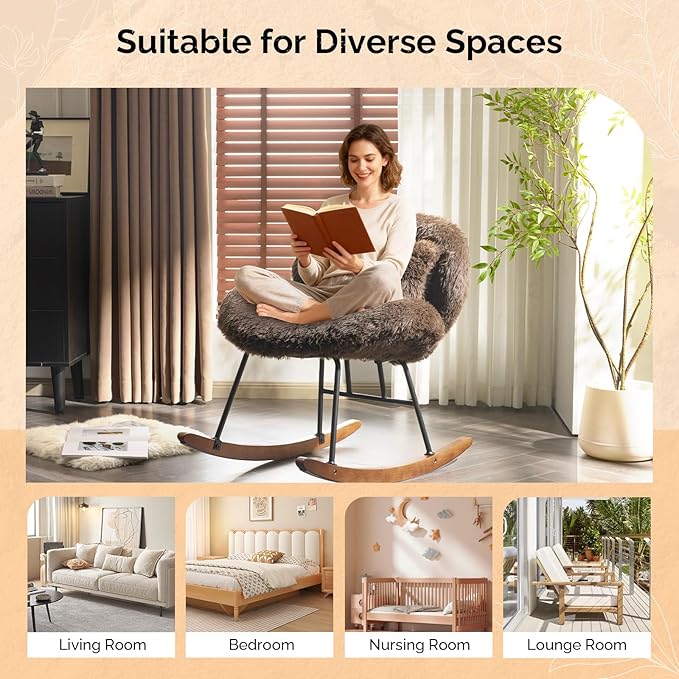 VINGLI 25.6 Wide Nursery Glider Chair 115° Reclining Armless Rocker with Lumbar Pillow &amp Solid Wood Base Plush Fleece Nursing Chair for Bedroom &amp Living Room Chocolate