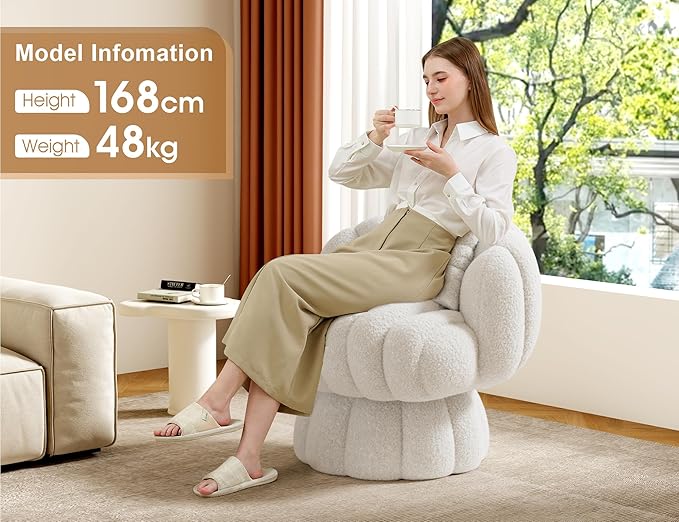 Teddy Fleece Swivel Vanity Chair - Armless Padded Accent Desk Chair for Bedroom Living Room Beige
