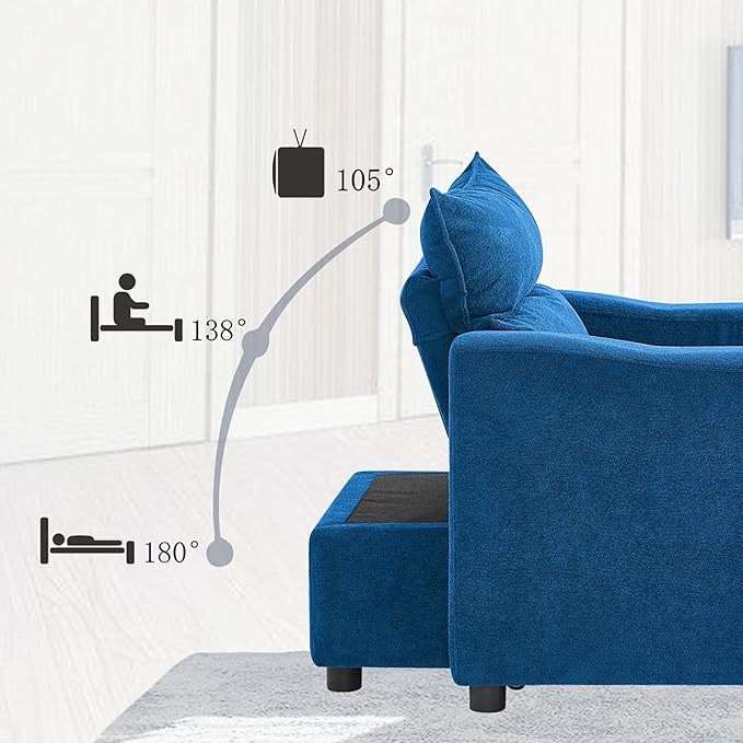 Sleeper Chair 3 in 1 Convertible Pull Out Chair Sleeper with Bracket and Cup Holder Chairs Bed Sleepers for Adults Adjustable Sofa Bed Chairs for Living Room Small Spaces Blue