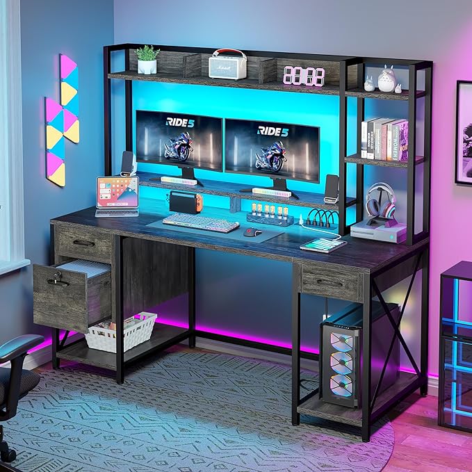 DWVO Computer Desk with Drawers &amp Hutch 59.1 Office Desk with Power Outlets &amp LED Lights Home Office Desk with Storage Shelves Grey