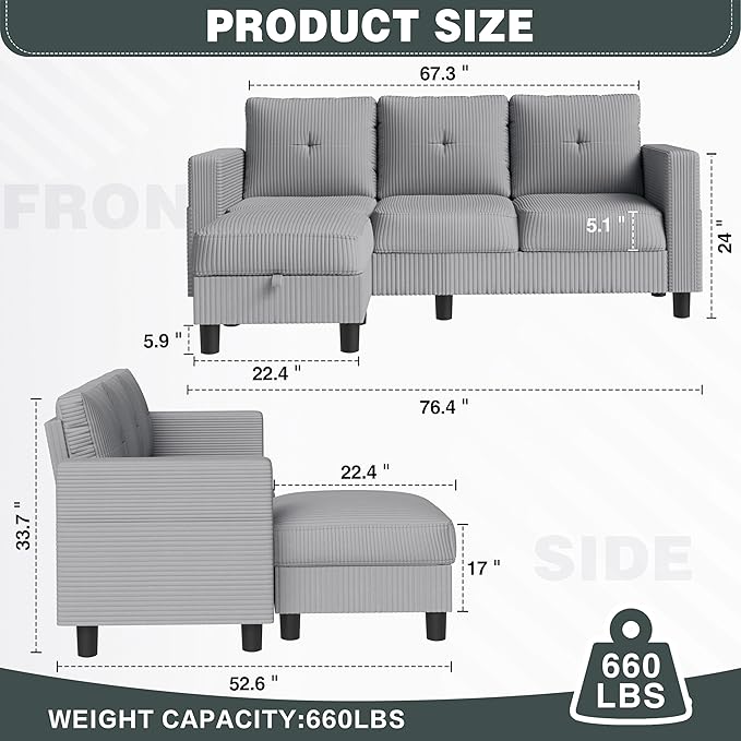 JY QAQA Convertible Sectional Sofa with 3-Seater Sofa L-Shaped Ottoman Couch with Modern Linen for Apartment Small Living Room and Small Space (Light Grey)