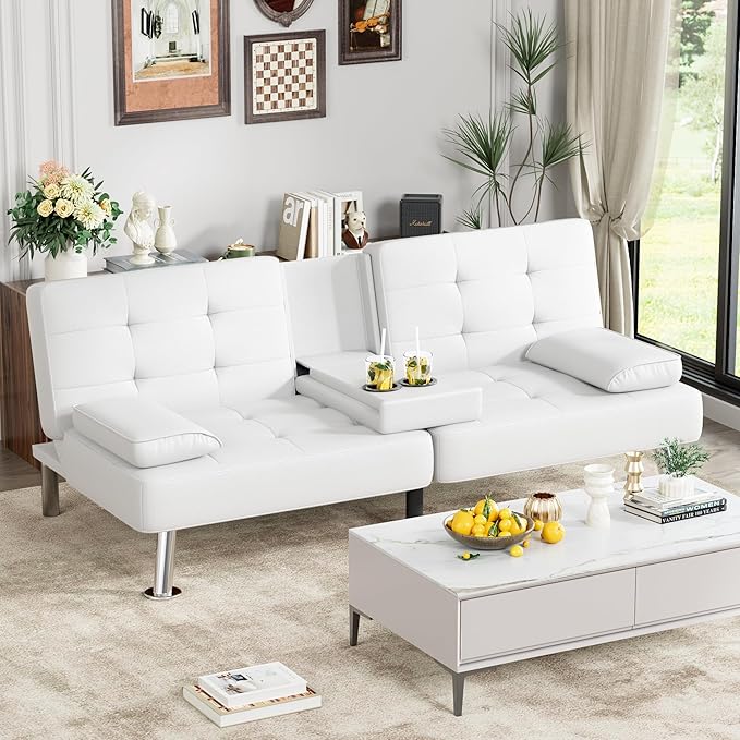 Homall Futon Sofa Bed Leather Futon Couch with Removable Armrests Adjustable Recliner Sleeper Sofa Bed with Dual Cup Holders for Living Room Apartment Office (White)