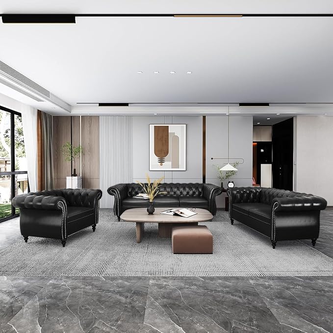 Chesterfield 3 Seater Sofa Modern Leather Tufted Couch 3 Seater with Rolled Arms and Nailhead Mid-Century Upholstered Couch for Living Room Bedroom Apartment and Office Black
