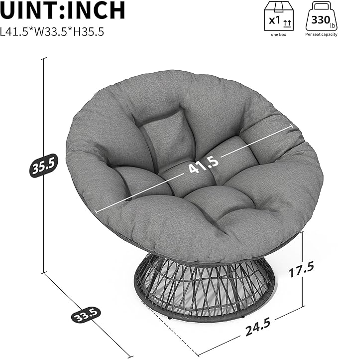 Oversized Papasan Chair with Adujusble Base Boho Reading Nook Chair with Thick Cushion for Adults Bedroom Living Room 360 Swivel (Grey 41.5)