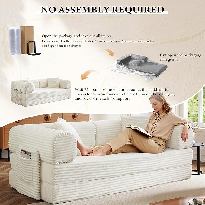 Boneless Couch Folding Couches for Living Room Sofa Futon Sofa Bed with Sleeper Sofa Futon Couch with Fixed-Shape Oversized Corduroy Upholstered (White 81 Inches)