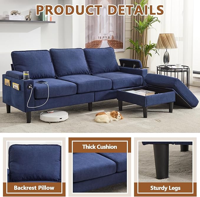 78 3 Seater Couch with Storage Ottoman/Cup Holders/USB Gray Small Sectional Couches for Living Room Cloud l Shaped Sofa for Small Spaces Apartment (Blue)