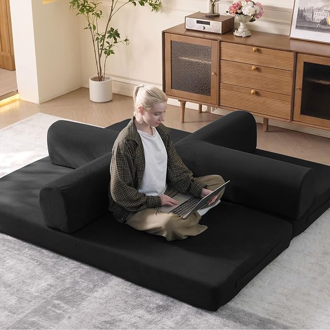 79 Convertible Sleeper Sofa Bed with Cylindrical Pillow Corduroy Folding Mattress Couch with Fixed-Shape Frame Floor Sofa Lounge Couch for Living Room Bedroom Lounge Studio (Black)
