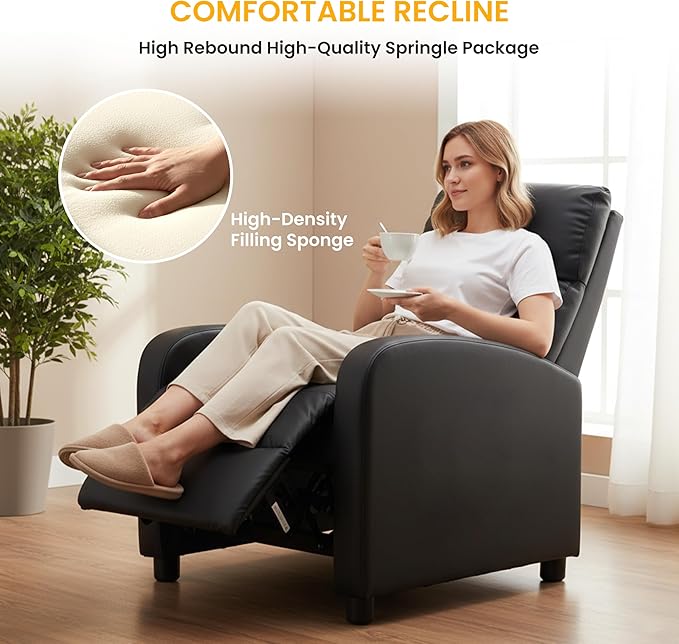 HealSmart Push-Back Massage Reclining Chair Adjustable PU Leather Lounge Seat Comfortable Single Seater for Living Room Bedroom &amp Home Theater Black