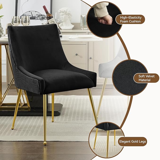 Velvet Dining Chairs Set of 6 Gold LegsUpholstered Velvet Accent Chairs Pleated Back Design &amp Gold Pull Handle Mid Century Modern Chairs for Dining/Kitchen/Living RoomBlack