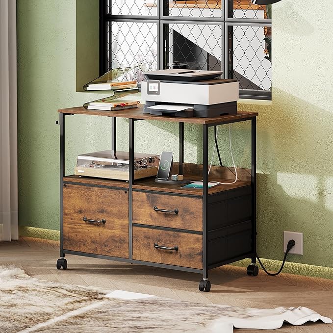 DEVAISE 3 Drawer Mobile File Cabinet Rolling Printer Stand with Storage Shelf Fabric Lateral Filing Cabinet fits A4 or Letter Size Adjustable Shelf for Home Office Rustic Brown