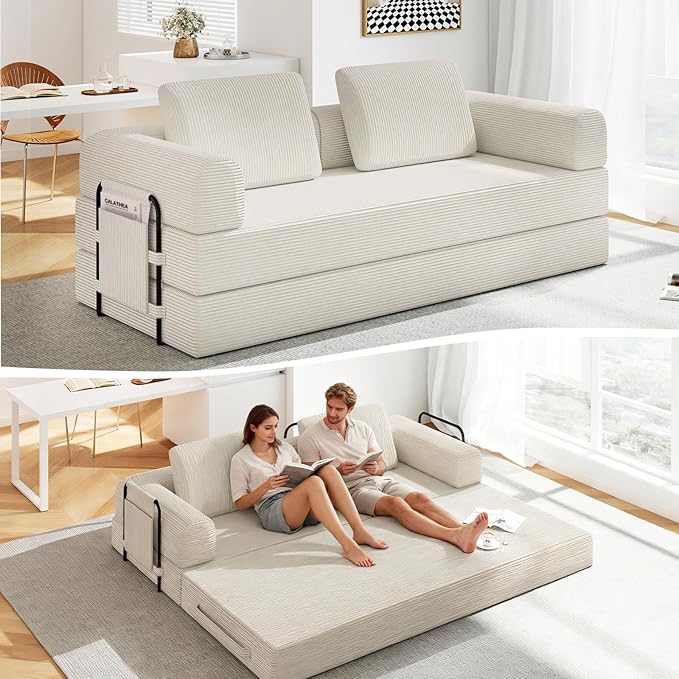 78'' Sleeper Couch Bed for Living Room Convertible Modular Sofa with Fixed Frame &amp Side Pocket Corduroy Futon Boneless Couches in a Box No Assembly Beige