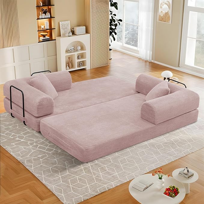 78 Convertible Sleeper Sofa Bed with Cylindrical Pillow Corduroy Folding Mattress Couch with Fixed Frame Floor Sofa Lounge Couch for Living Room Bedroom Apartment Pink