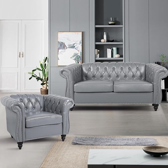 Leather Loveseat Chesterfield Love Seat Sofa for Living Room Mid-Century Modern Tufted Couple Couch 2 Seater with Rolled Arms Deep Button Tufting Nailhead Trim for Bedroom Home Theater (PU Grey)