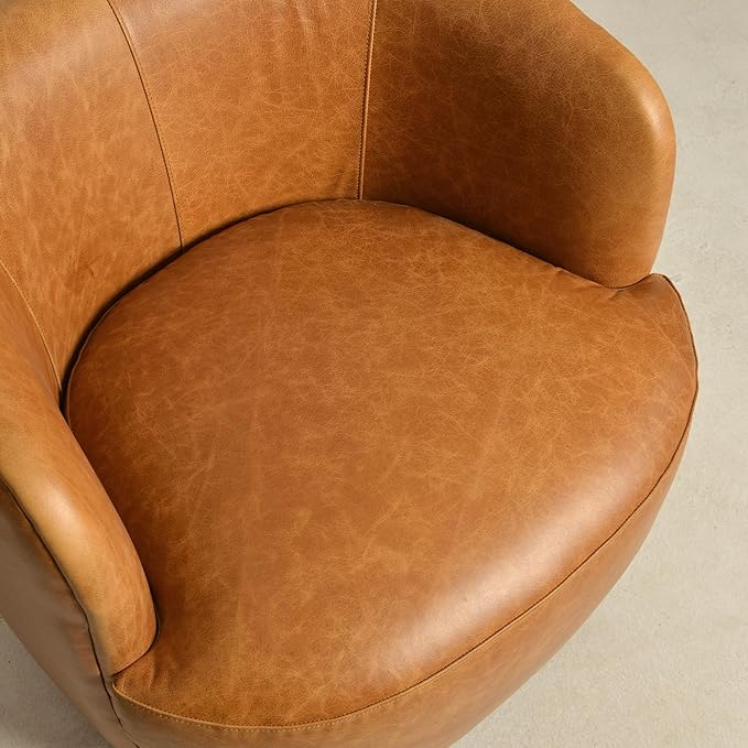 KINWELL 33'' W 100% Top Grain Genuine Leather Swivel Barrel Armchair No Assembly Round Upholstered Leather Swivel Accent Chairs with Toss Pillow for Living Room Office Lounge Camel