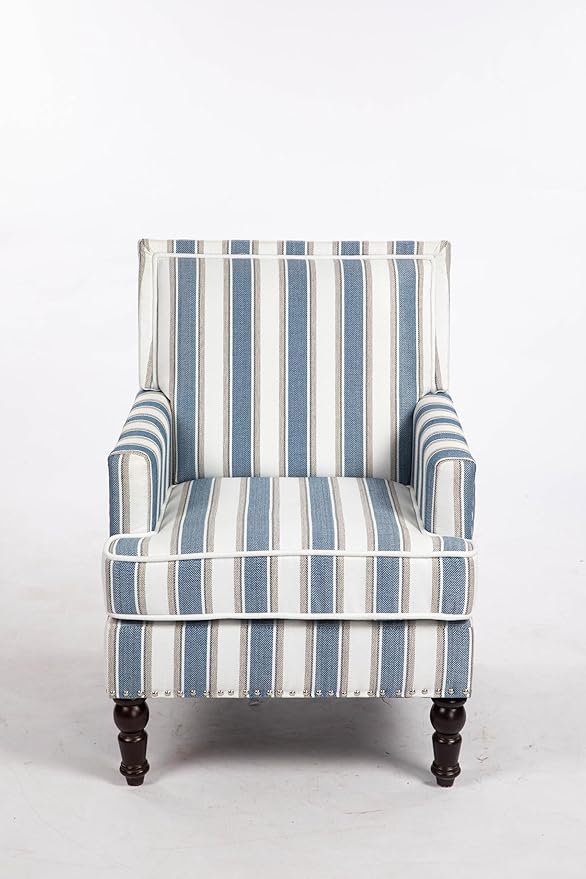Upholstered Accent Chair Vintage Armchair with Blue and White Striped Linen Fabric Nailhead Trim and Solid Wood Legs 27”x27”x35”Comfortable Reading Chair for Living Room (Blue)