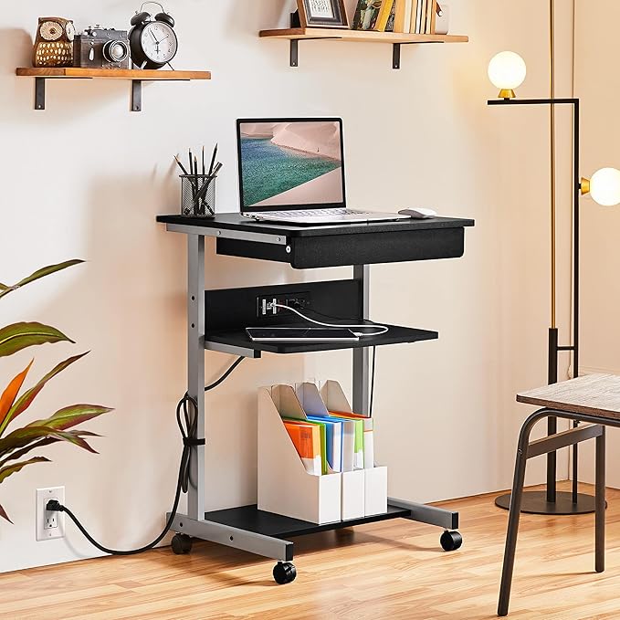 Yaheetech 22 in Laptop Computer Table Home Office Desk with Power Outlet for Small Space Mobile Compact Corner Workstation with Charging Station and USB Ports on Wheels Student Writing Table Black