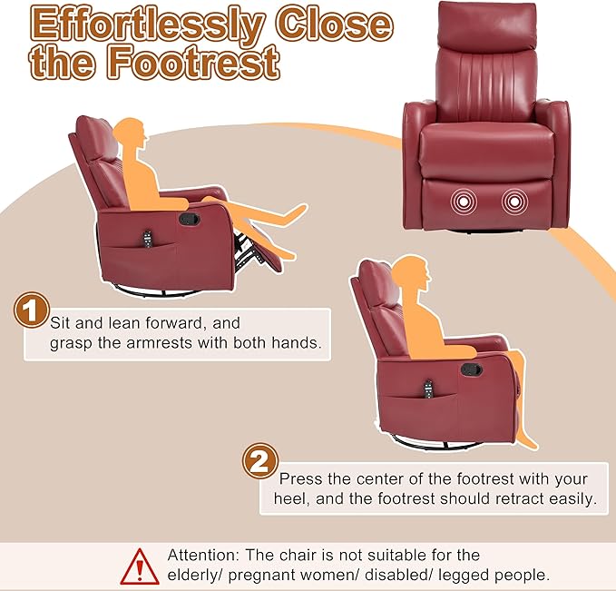 Manual Swivel Rocker Recliner Chair for Adults Overstuffed Reclining Glider Chair for Nursing with Vibration Massage &amp Heat Living Room Rocking Recliner 2-Stage backrest Faux Leather Red
