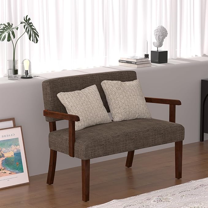 Accent Chair 2 Seat Upholstered Reading Leisure Chair Bench with Solid Wood Frame for Dining ReadingWaiting Rooms (Brown)