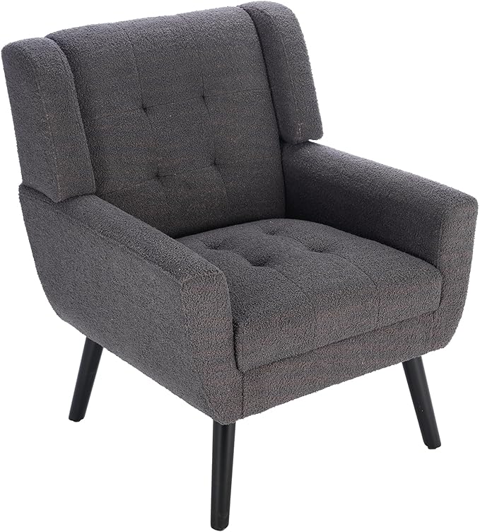 Modern Soft Teddy Material Ergonomics Accent Chair Living Room Chair Bedroom Chair Home Chair with Black Legs for Indoor Home Grey Teddy Fabric