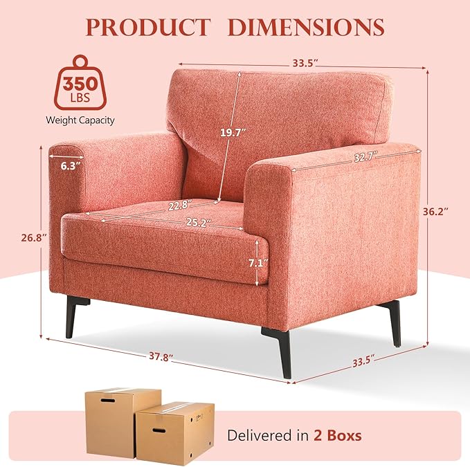 CDCASA Accent Chair Linen Fabric Oversized Mid Century Modern Chair Set of 2 Comfy Upholstered Armchair Reading Accent Chairs Sofa Chairs for Bedroom Living Room Coral Pink