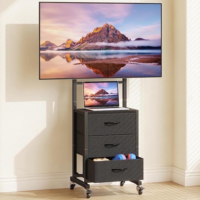 GYIIYUO Rolling TV Stand with 3 Storage Fabric Drawers/Mount/Wheels Small Mobile TV Stand for 32-55 inch TVs Corner TV Cart for BedroomOfficeLiving Room(Black)