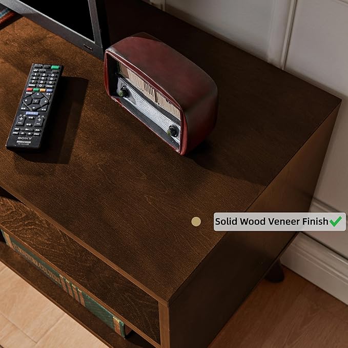LKTART Boho Mid Century TV Stand59 Rattan Entertainment CenterMedia Console with Solid Wood LegsAdjustable Feet &amp Divided StorageTV Cabinet for 65 Inch TVDark Walnut