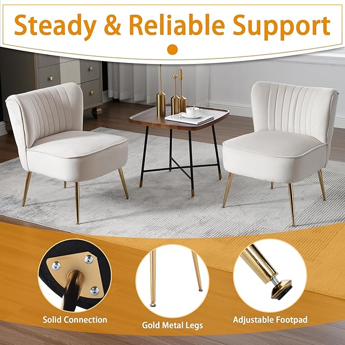 ABET Accent Chairs Set of 2 Velvet Armless Living Room Chairs with Tufted Wingback Thicken Cushion Gold Metal Legs Comfy Upholstered Side Chairs Slipper Chairs Club Chairs for Bedroom Beige