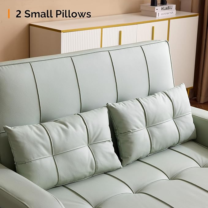 VINGLI Green Futon Sofa Bed Convertible Loveseat Sleeper Couch Faux Leather Pullout Sofa Fold Out Couch Bed with USB Ports Cup Holders Armrest for Living Room Bedroom Apartment Room