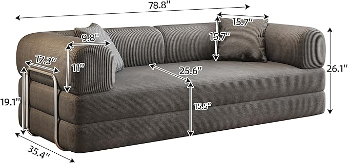 79 Convertible Floor Sofa Bed Modern King Sleeper Folding Mattress Couch with Pillows Corduroy Boneless Sectional Sofa Couch for Living Room Game Room Grey