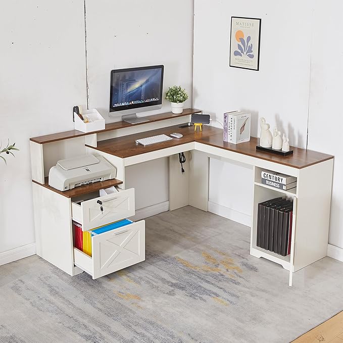 60 L Shaped Executive Desk with Printer SpaceCorner Computer Desk with Power OutletsLockable Drawers &amp Adjustable File CabnetL Shaped Office Desk with Monitor Stand