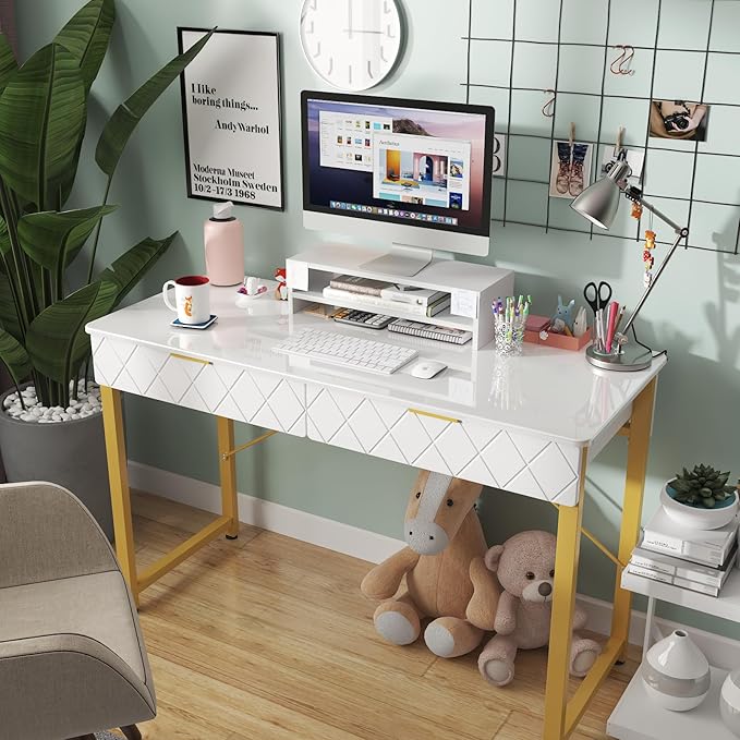 WESTREE 40 White and Gold Desk with 2 Drawers and Storage Shelf Modern Makeup Vanity with Glossy Desktop Gold Metal Frame Writing Desk for Bedroom or Home Office No Mirror