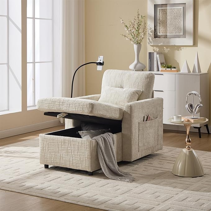 Multifunctional Recliner Sofa Chair with Storage Phone Holder &amp Adjustable Backrest Chenille Fabric Single Leisure Chair for Living Room Bedroom Small Spaces (Beige)