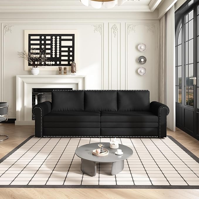 93.7 King Pull Out Sofa Bed Velvet Sleeper Sofa Couch 3 in 1 Convertible Futon Couches for Living Room Small Space Apartment Office Bedroom Modern Rivet Armrest Black