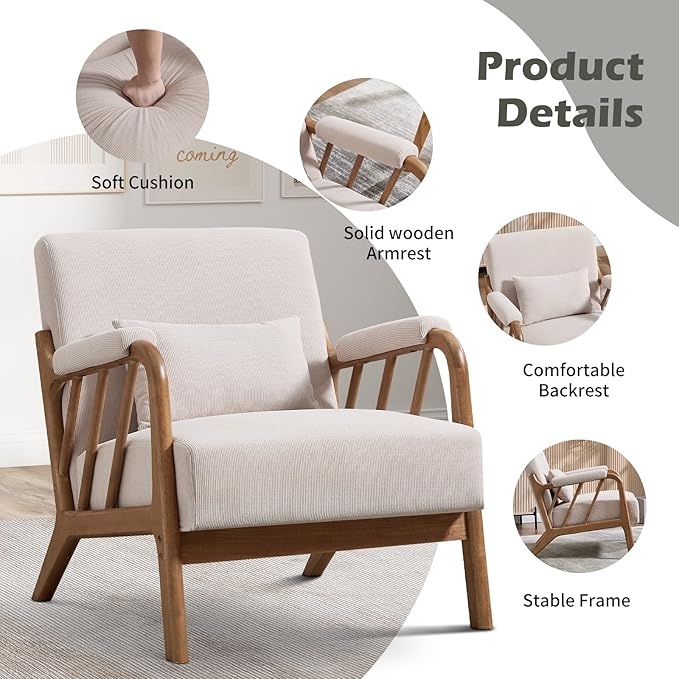 INZOY Accent Chairs Set of 2 Mid Century Modern Accent Chair with Wood Frame Upholstered Reading Armchair with Corduroy Fabric Accent Chair for Living Room Bedroom Apartment Easy Assembly Beige