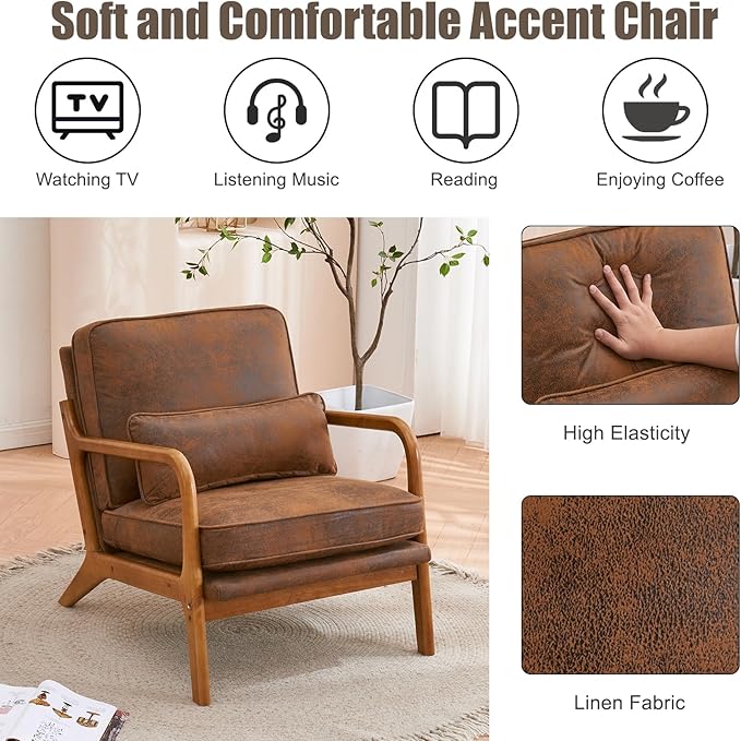 Mid Century Modern Accent Chair with Wood Frame Upholstered Lounge Bronzing Cloth Armchair Comfy Reading Leisure Chair with Cushion for Living Room Bedroom Balcony (Brown Set of 2)